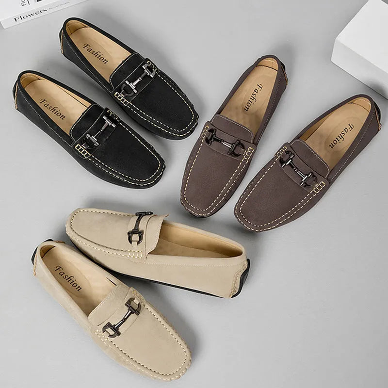 Men's casual round-toe leather shoes in black, brown, and beige colour options