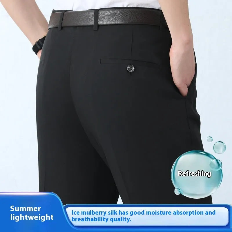 Men's straight cut high waist business trousers in mulberry silk blend fabric