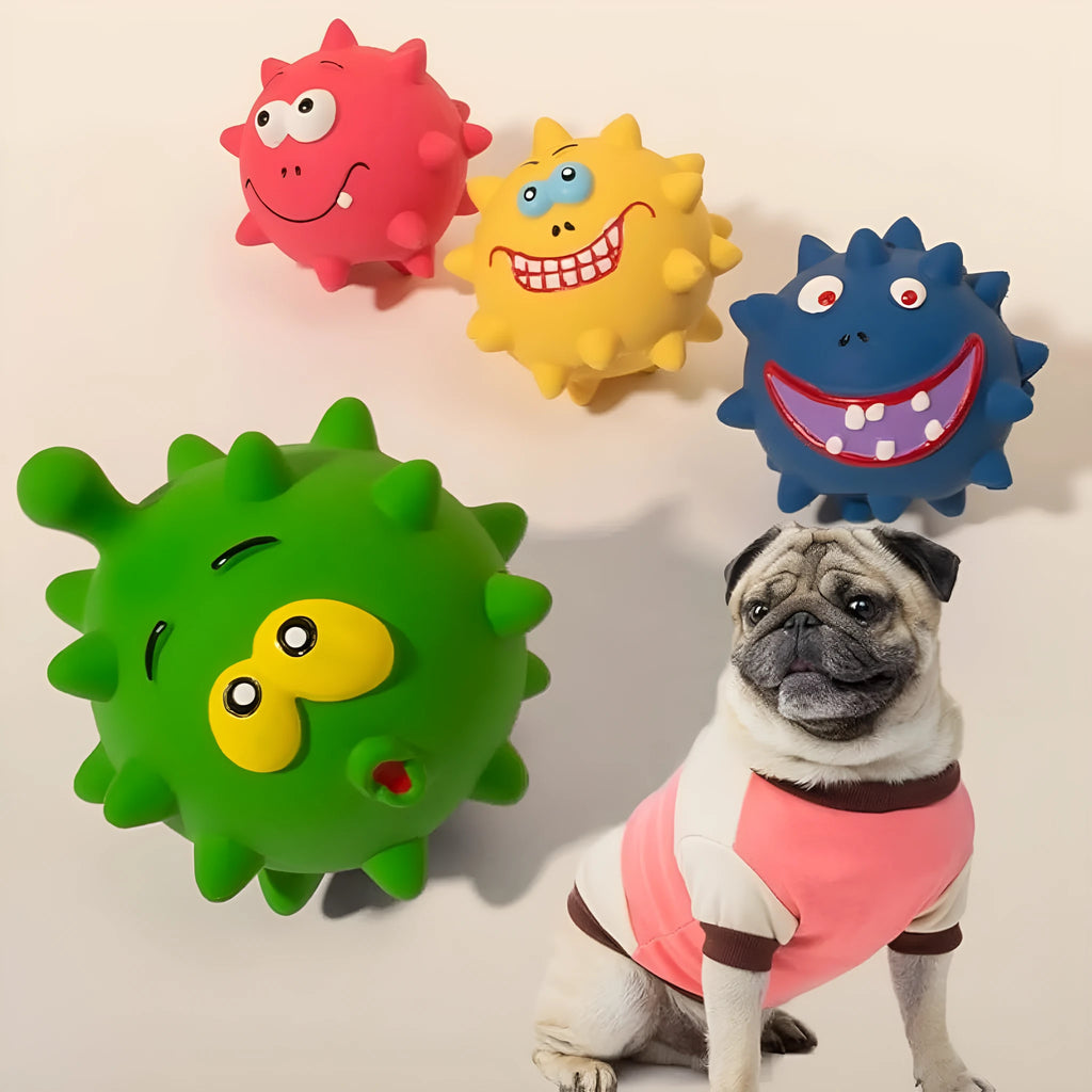 Set of four coloured natural latex rubber squeaky dog balls with bump-textured surfaces