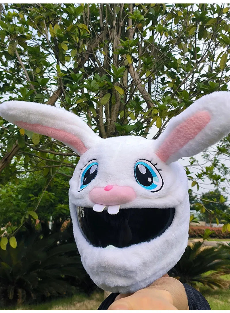 White rabbit head helmet cover with long ears for electric motorcycle commuting