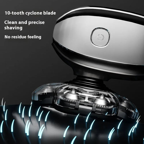 Black rechargeable 6-in-1 hair clipper set with multiple grooming attachments on display