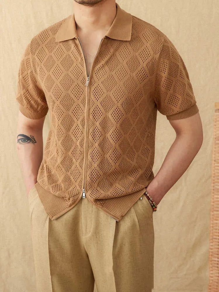 Light brown men's cotton cardigan with zipper front and lapel collar on a hanger.