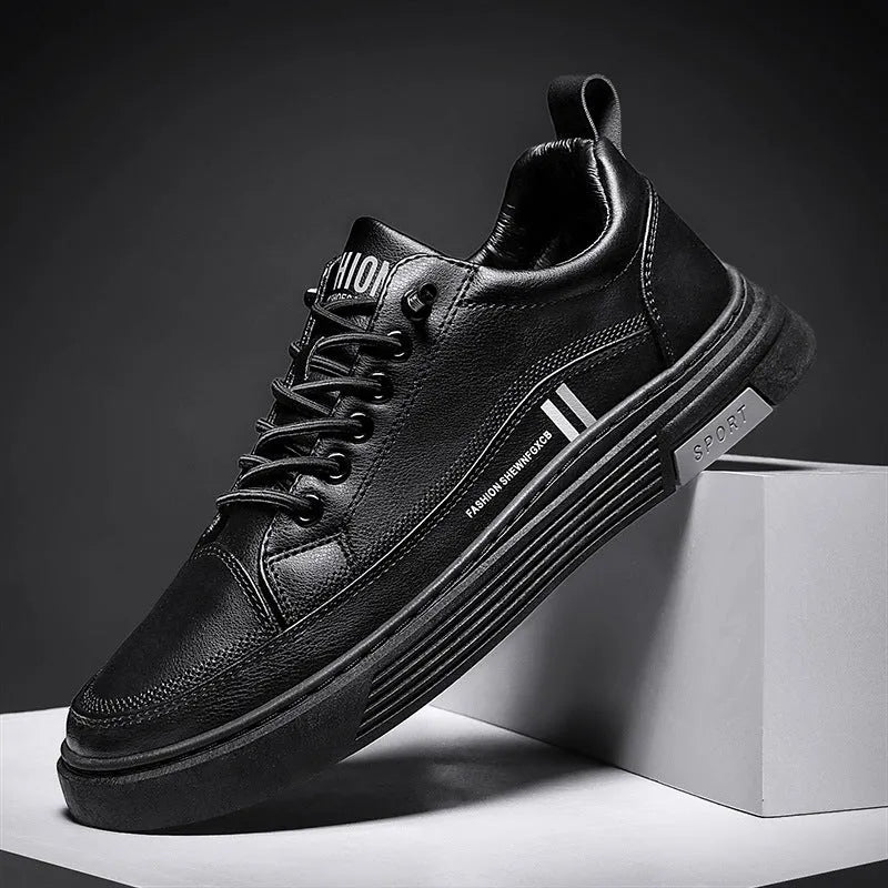 Men's white and black microfiber skate shoes with elastic band fastening and rubber sole