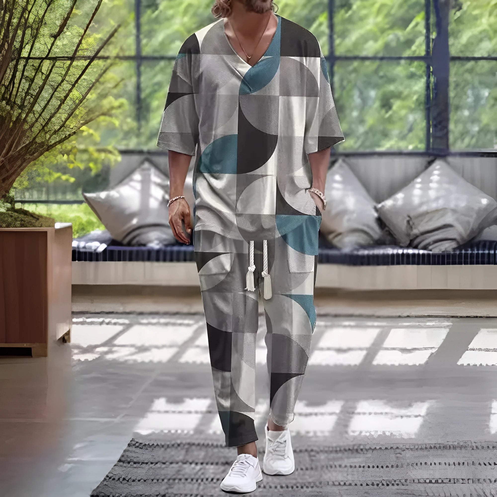 Cropped sleeve V-neck jacket and matching trousers in polyester fabric