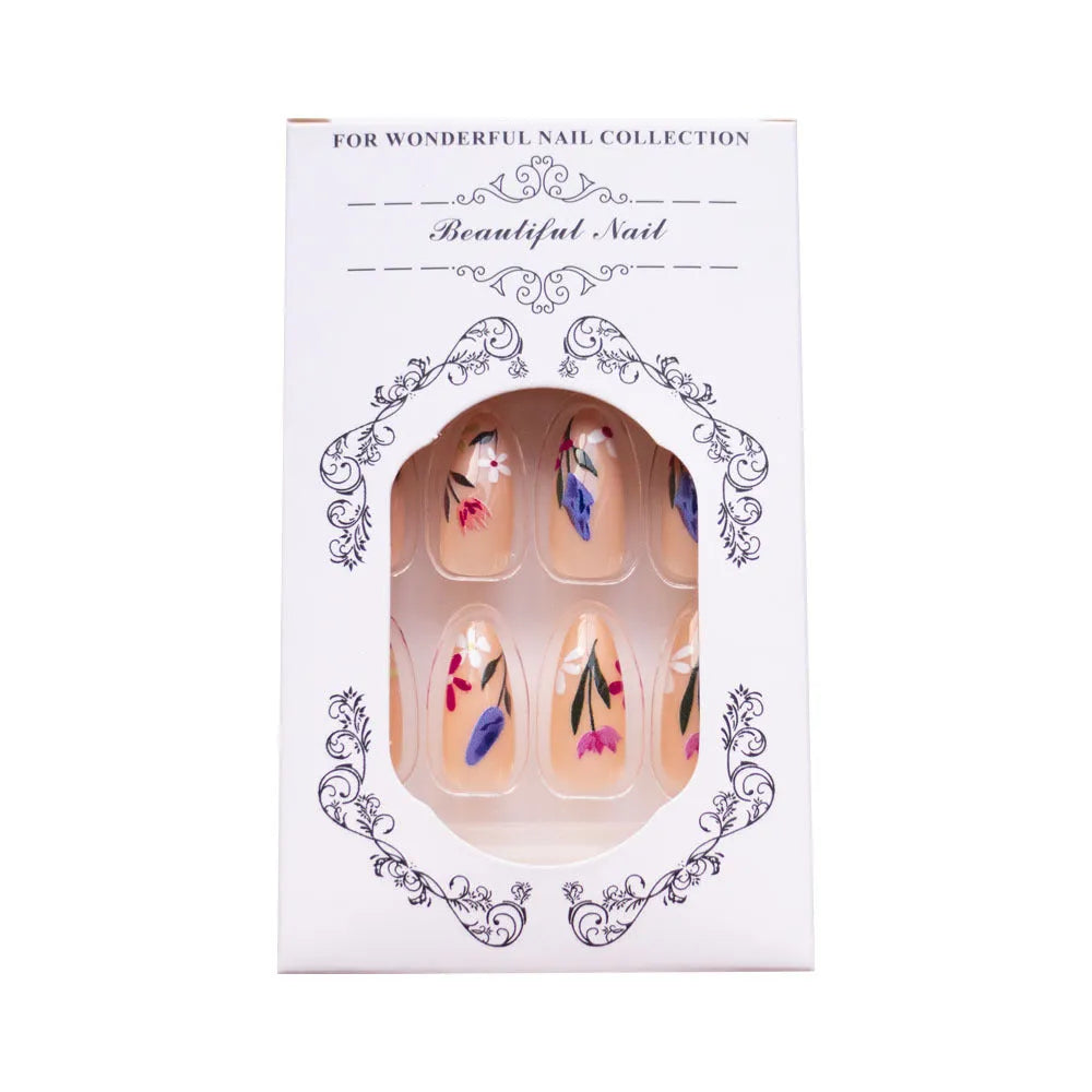 Almond-shaped press-on nails with European floral wear armour rose tulip patterns
