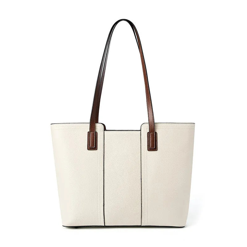 Black genuine leather women's shoulder bag showing multiple internal compartments and single strap