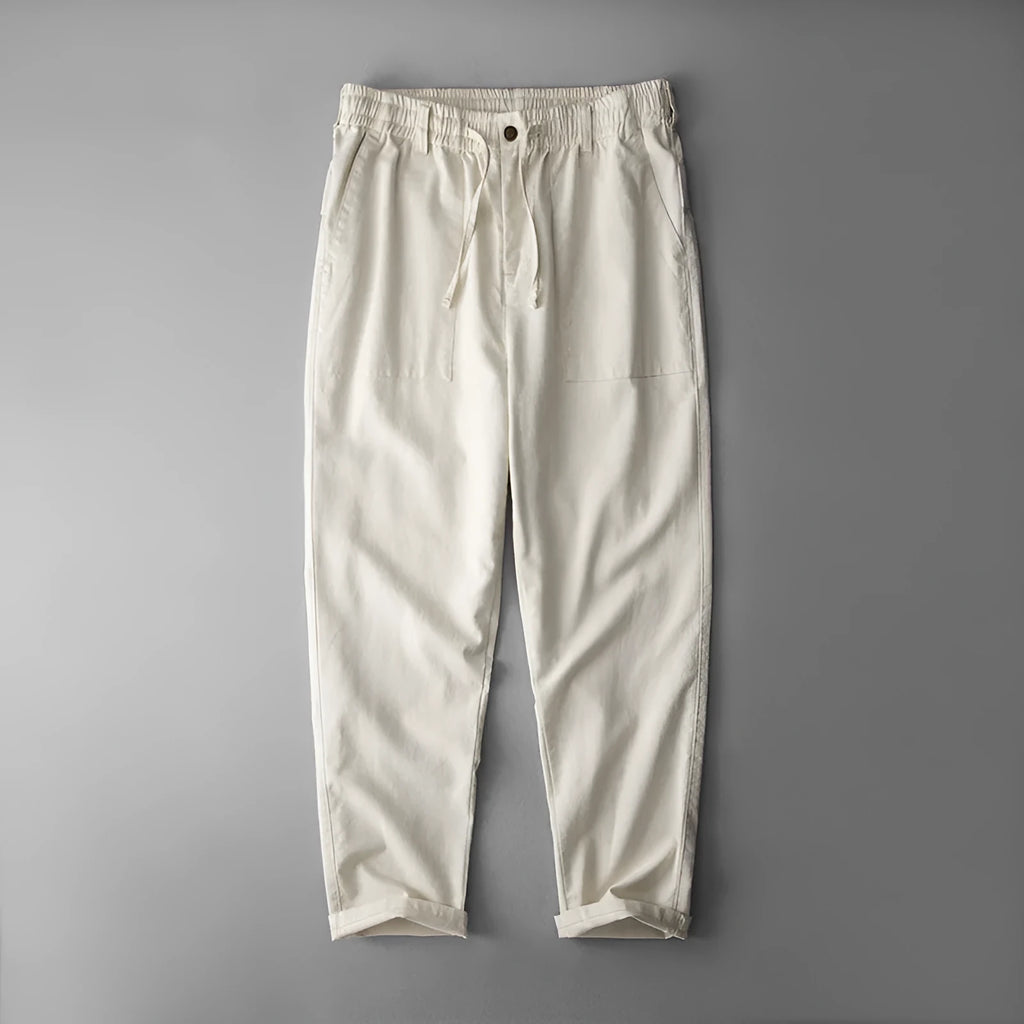 Men's solid colour linen trousers in mid waist design available in three colour options