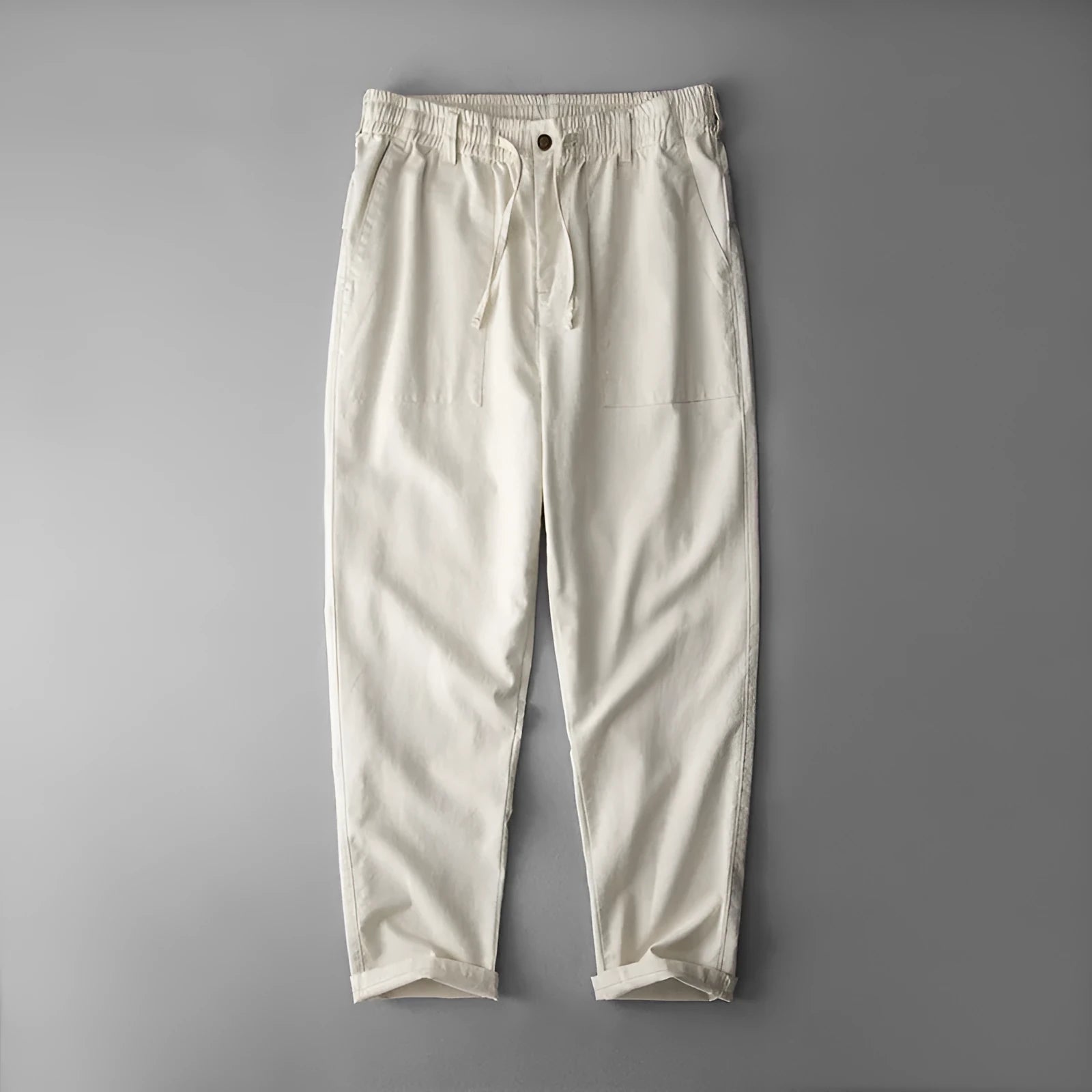 Men's solid colour linen trousers in mid waist design available in three colour options