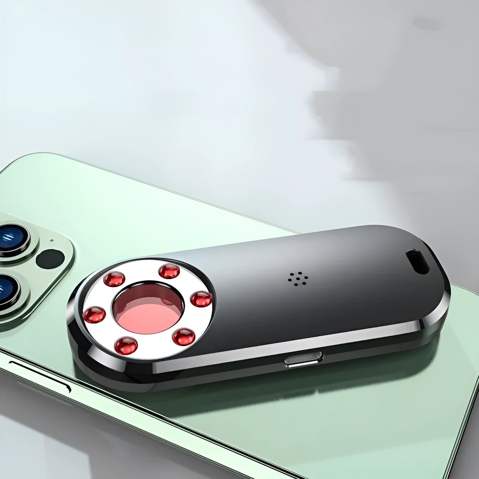 Infrared anti-monitoring detector device showing compact 91mm design with USB connection port