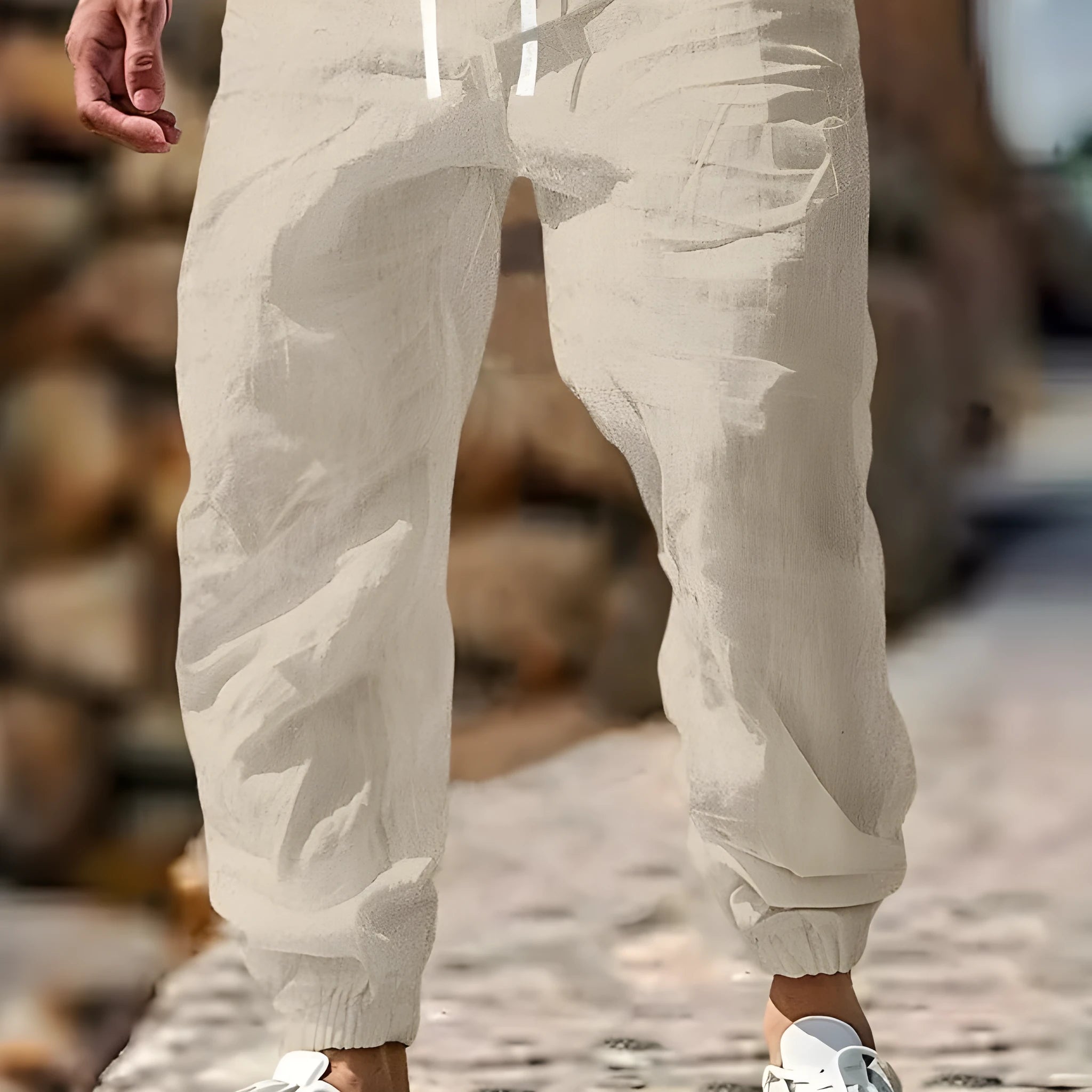 Men's elastic waist linen trousers in straight fit available in seven colours including Army Green and dark brown