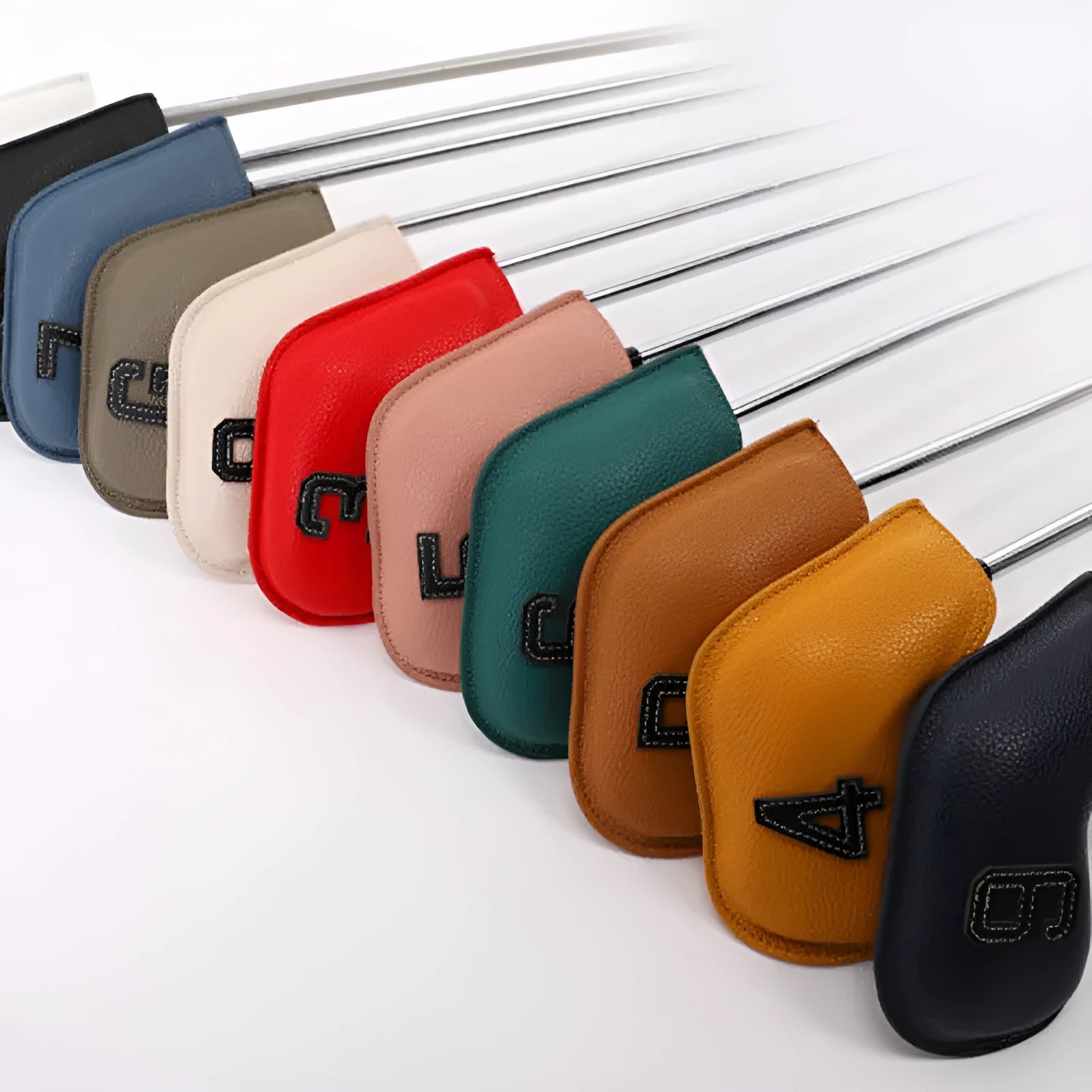 Set of 10 digitally printed PU golf club headcovers for woods and irons.