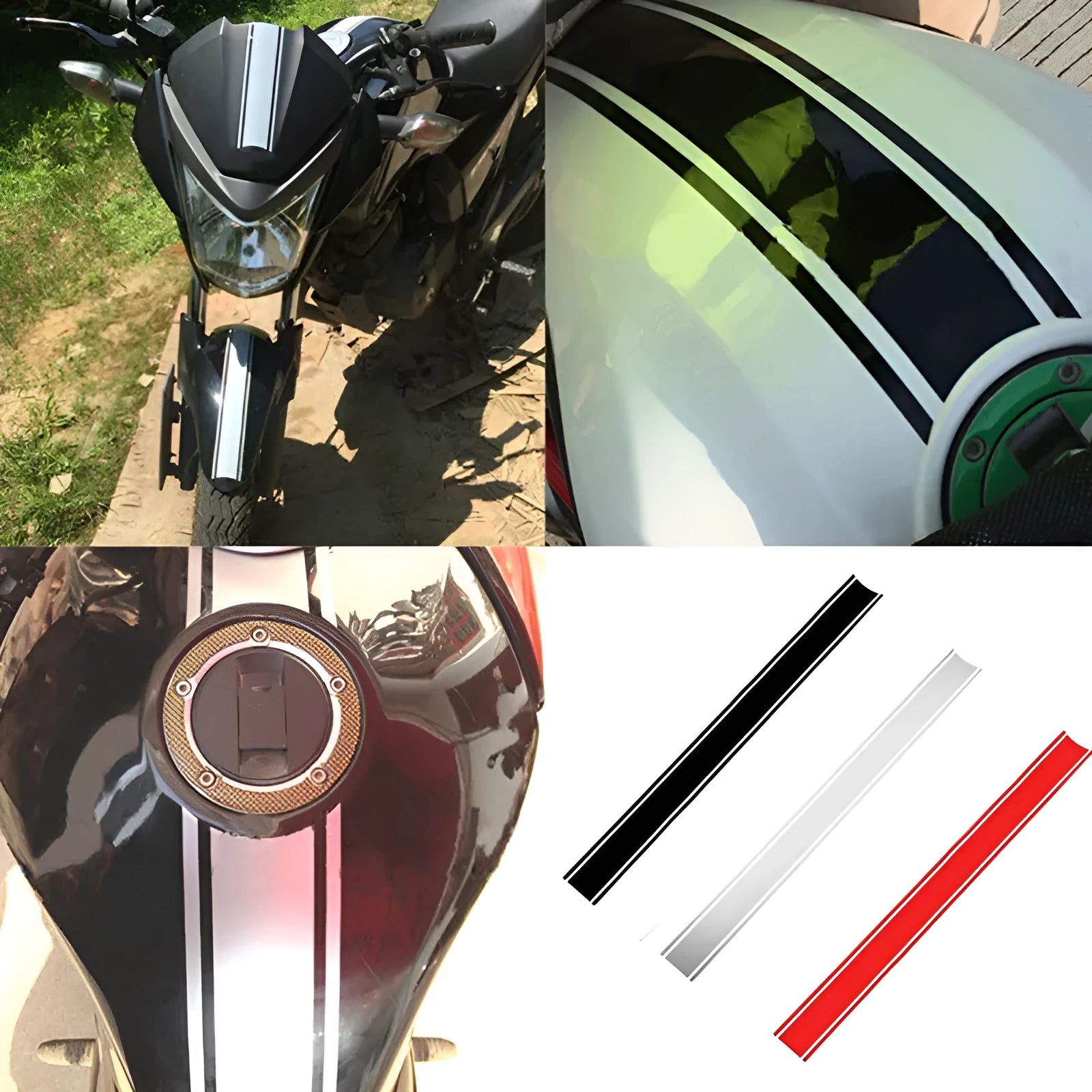 Motorcycle reflective pinstripe sticker measuring 50cm by 4.5cm in black, red, silver, and yellow colours