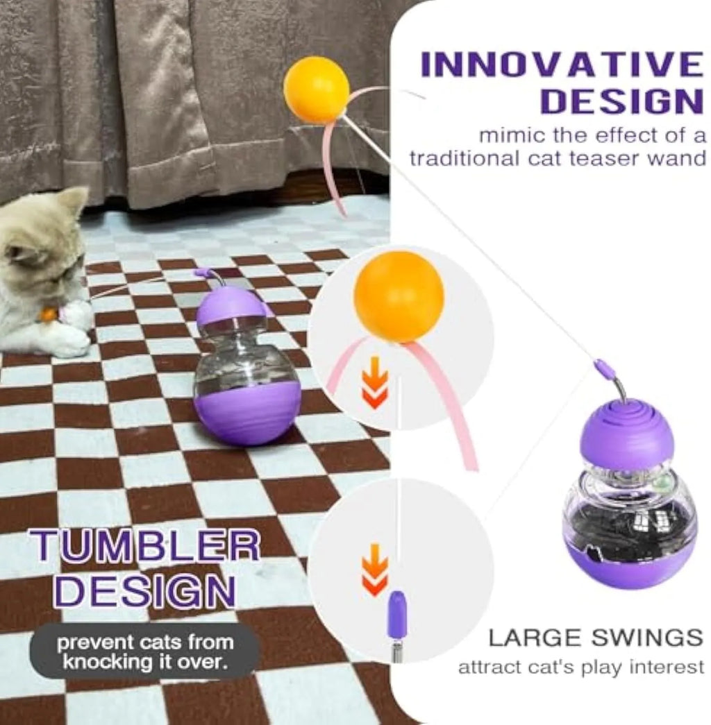 Pink, purple, and yellow tilting cat interactive toy with a bouncing teaser wand and built-in slow feeder.