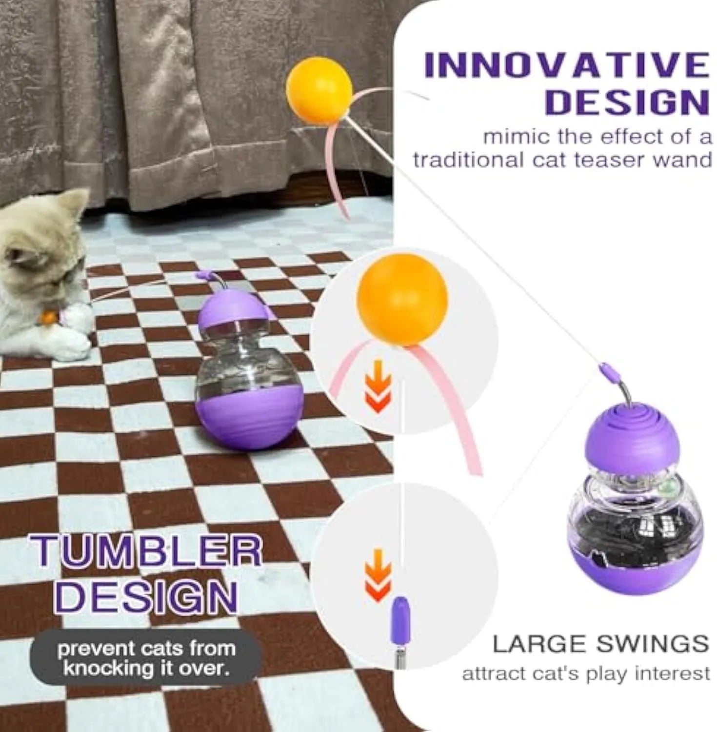 Pink, purple, and yellow tilting cat interactive toy with a bouncing teaser wand and built-in slow feeder.