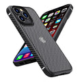 Black carbon fibre pattern anti-fall protective case for Apple iPhone 13 Pro mobile phone.