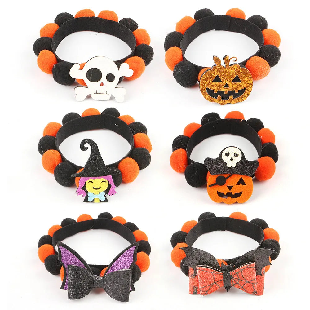 Halloween pet collar with fur ball decoration in pumpkin design available in S, M, L sizes