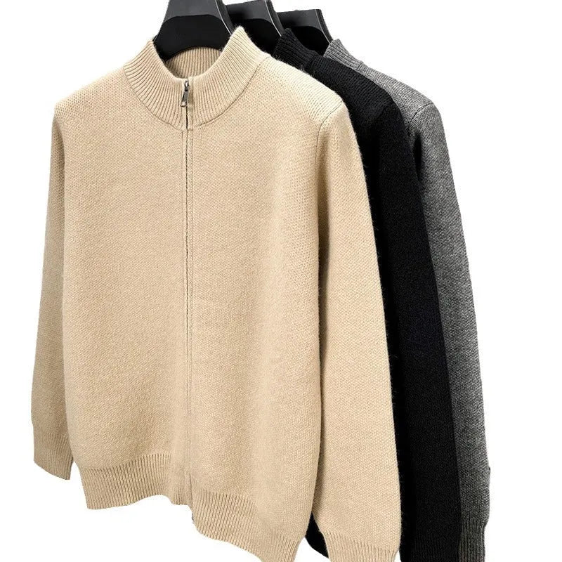 Men's black knitted cardigan with stand collar and full zipper front, loose fit design