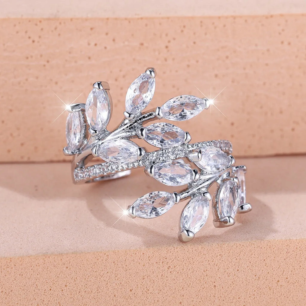 Adjustable copper leaf-shaped ring with zircon stones in multiple colour finish options