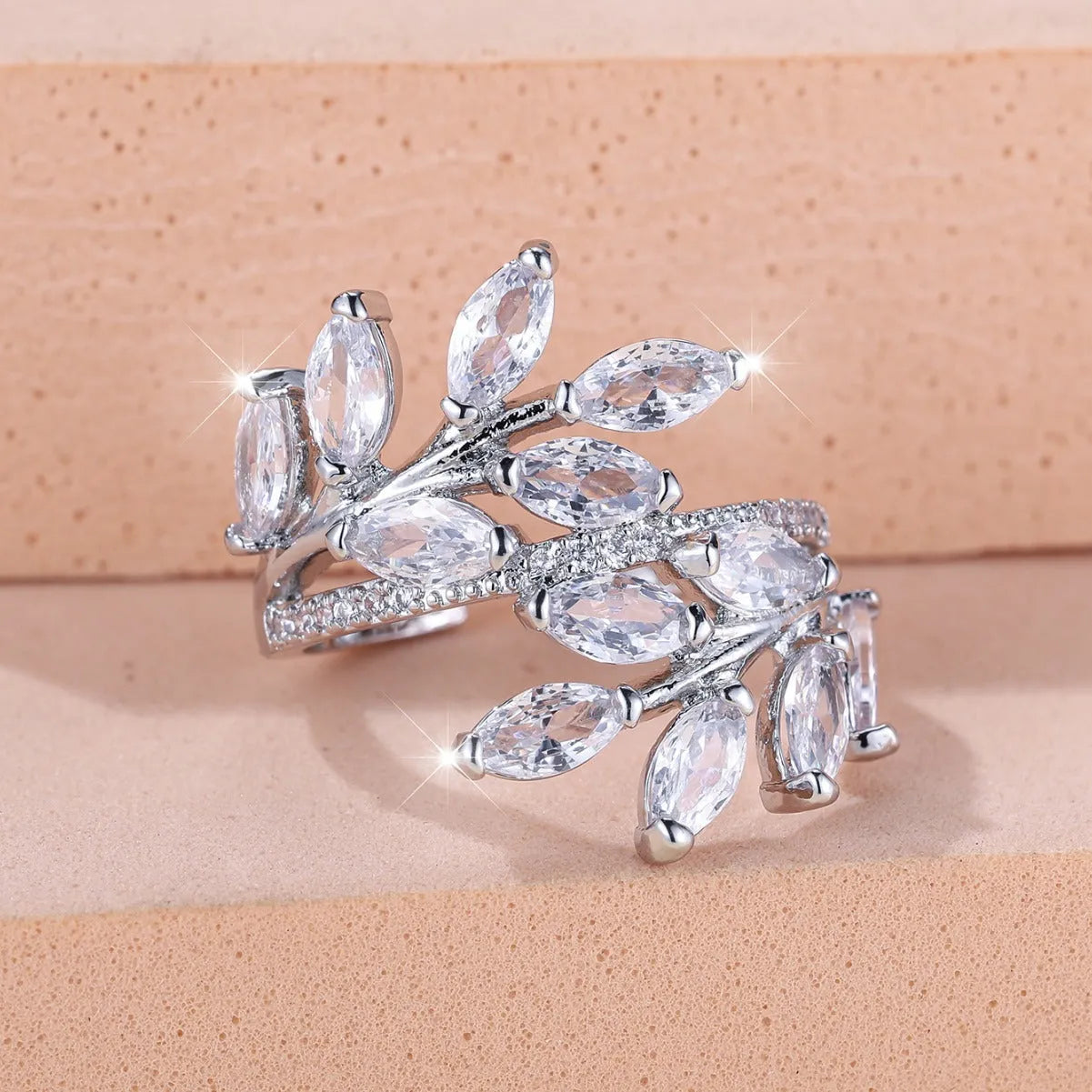 Adjustable copper leaf-shaped ring with zircon stones in multiple colour finish options
