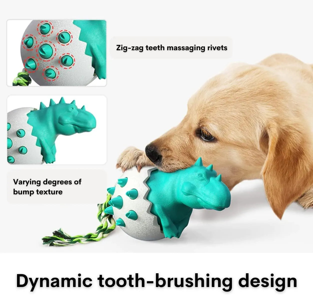 Blue dinosaur dog chew toy with rope tug element for aggressive chewers