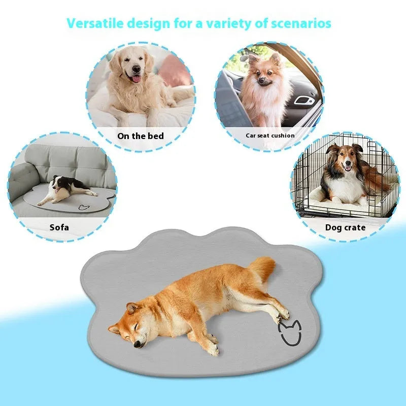 Ice silk dog cooling mat in light grey with non-slip base on a wooden floor