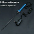 Blue plastic-handled electric hot knife cutter pen for foam with multiple blade sizes and power adapter