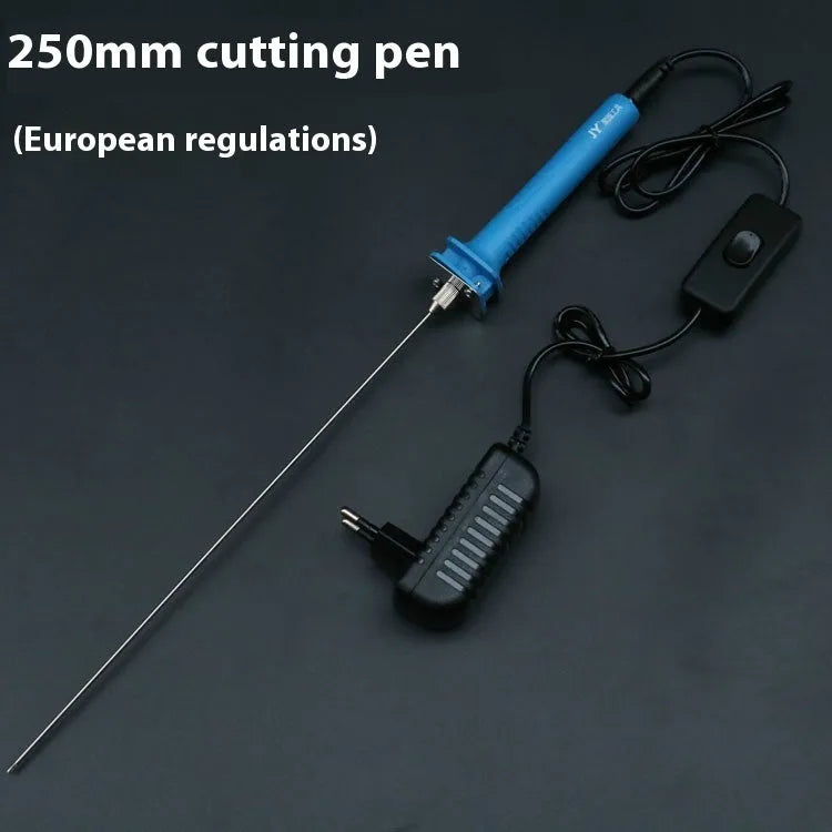 Blue plastic-handled electric hot knife cutter pen for foam with multiple blade sizes and power adapter