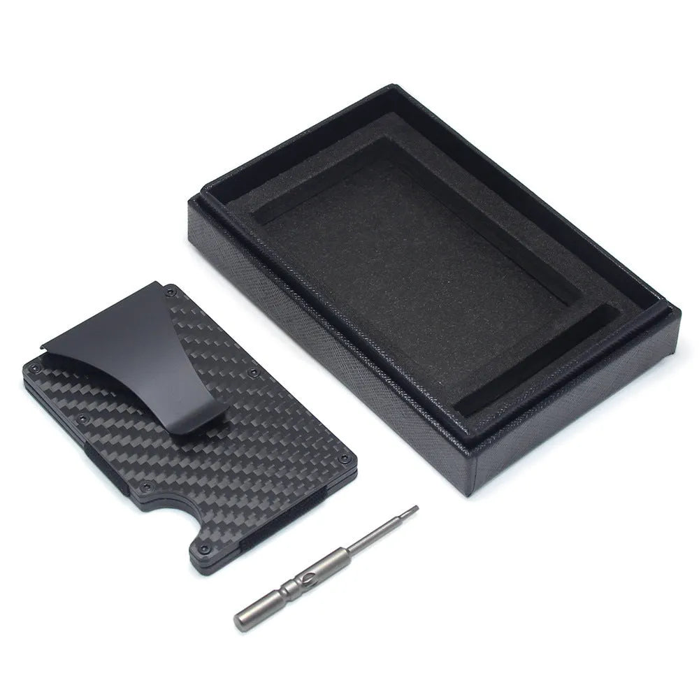 Geometric aluminium carbon fibre card holder with 8mm thickness showing black silver red colour options