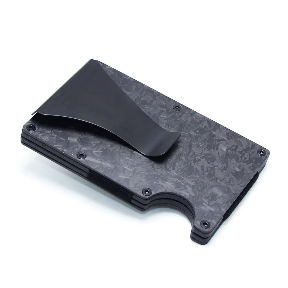 Geometric aluminium carbon fibre card holder with 8mm thickness showing black silver red colour options