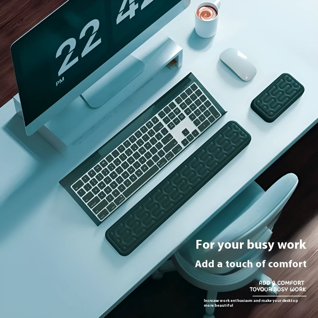 Double-sided computer desk mat with memory foam wrist rest in multiple colour options