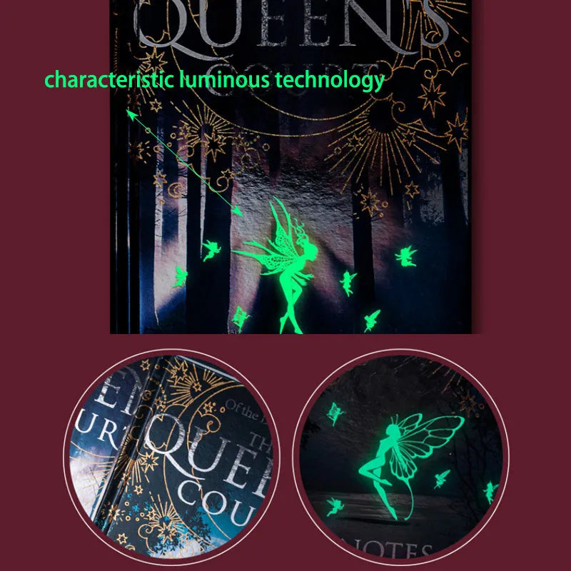 Retro luminous A5 notebook with fluorescent hardcover showing blue or purple colour and illustrated inner pages