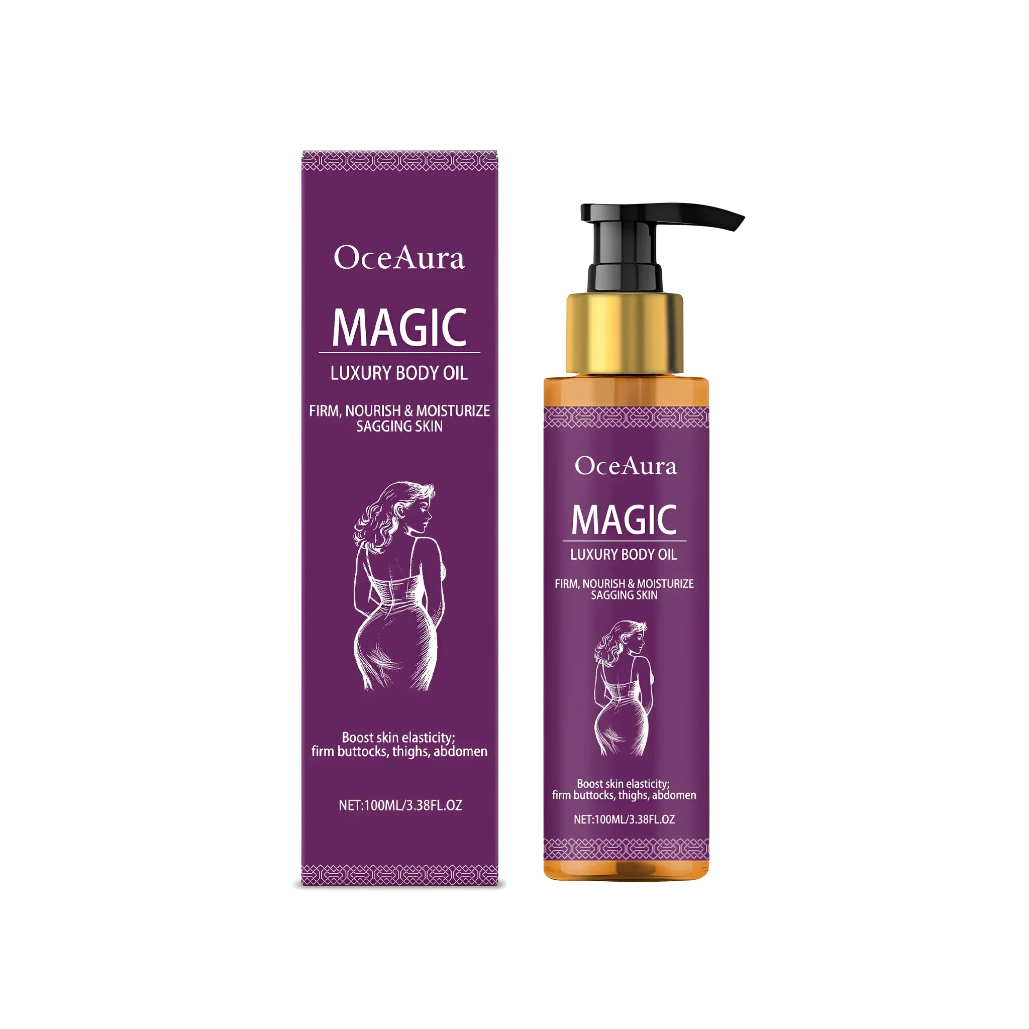 100ml bottle of luxury body oil containing sweet almond, camellia, and rose hip oils.