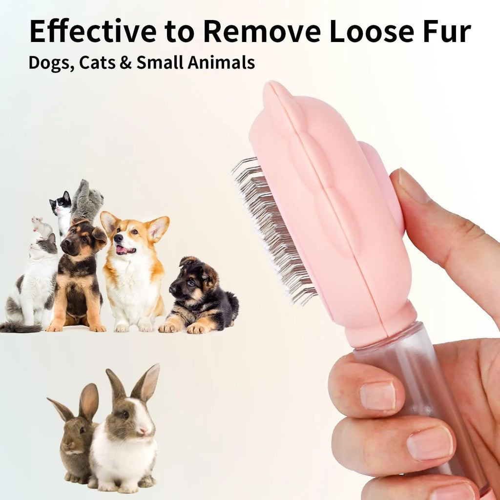 Grey spray cat grooming brush with release button and stainless steel bristles on a white background