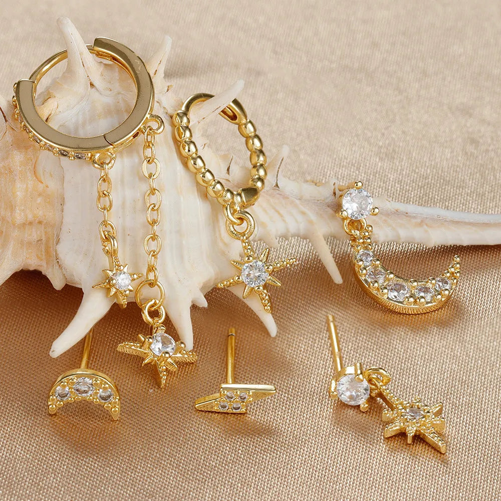 XingX six pairs of gold chain tassel drop earrings with zircon stones on copper