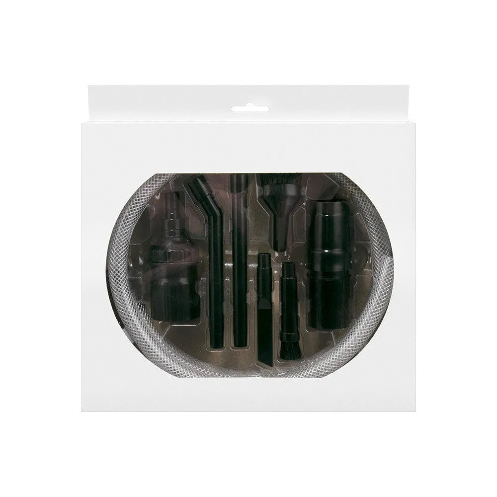 Eight-piece vacuum cleaner accessory set with small suction heads for detailed cleaning in compact rooms