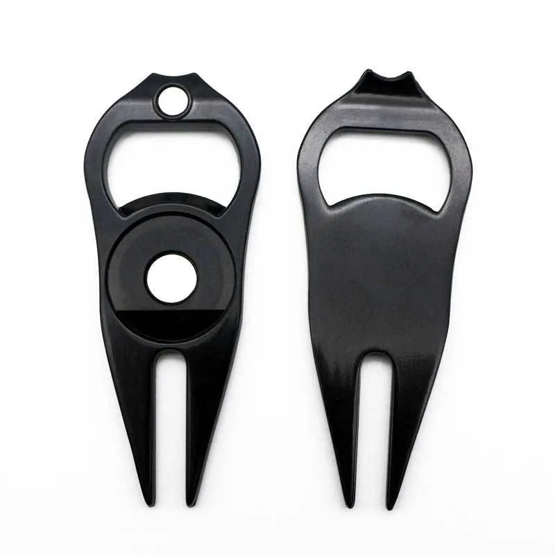 Zinc alloy golf ball fork bottle opener with ball marking yoke measuring 88mm x 35mm