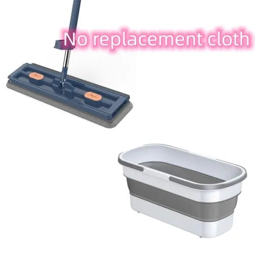Large flat mop with stainless steel handle and blue cloth on hard floor