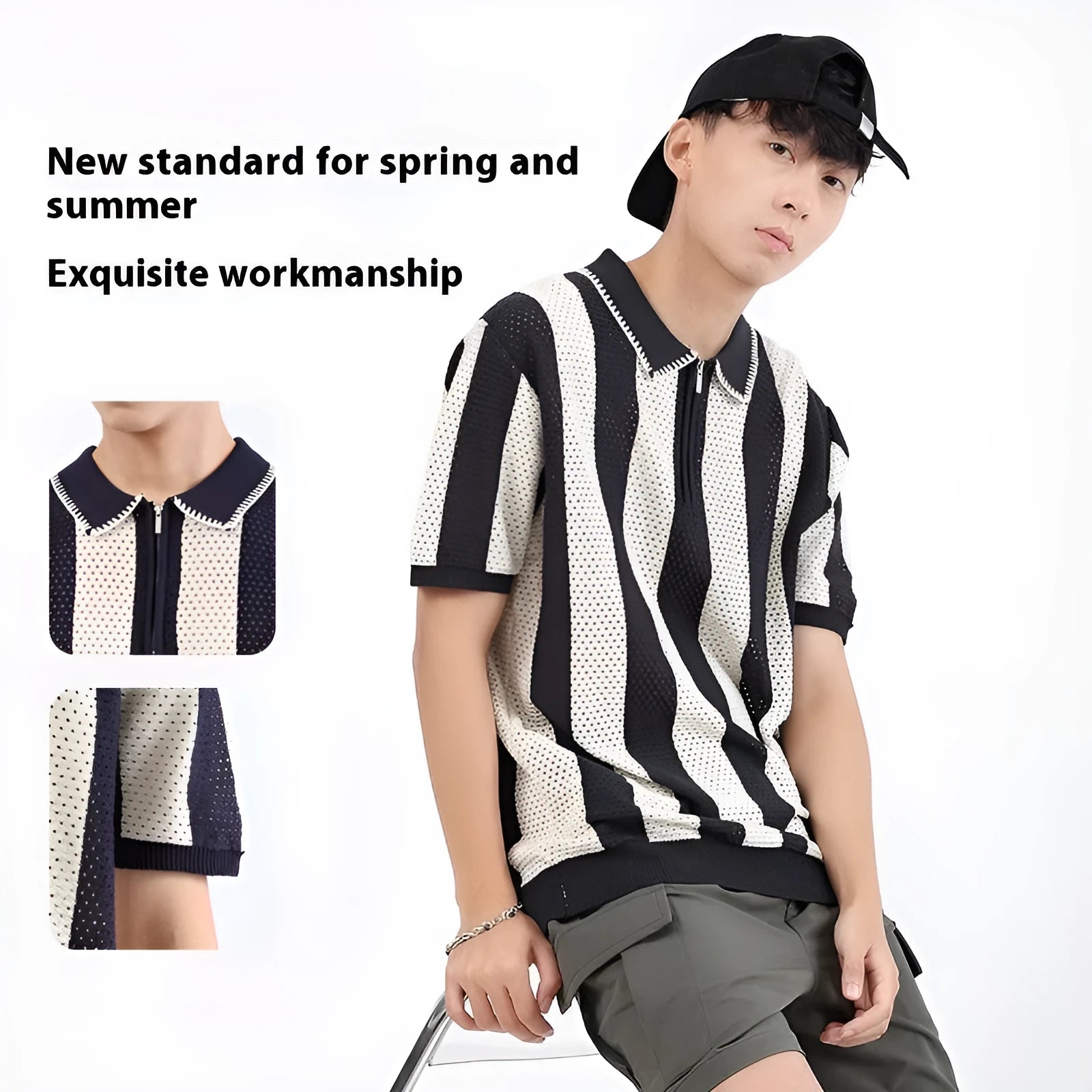 Men's striped short sleeve summer sweater with zipper decoration in viscose fabric showing colour options