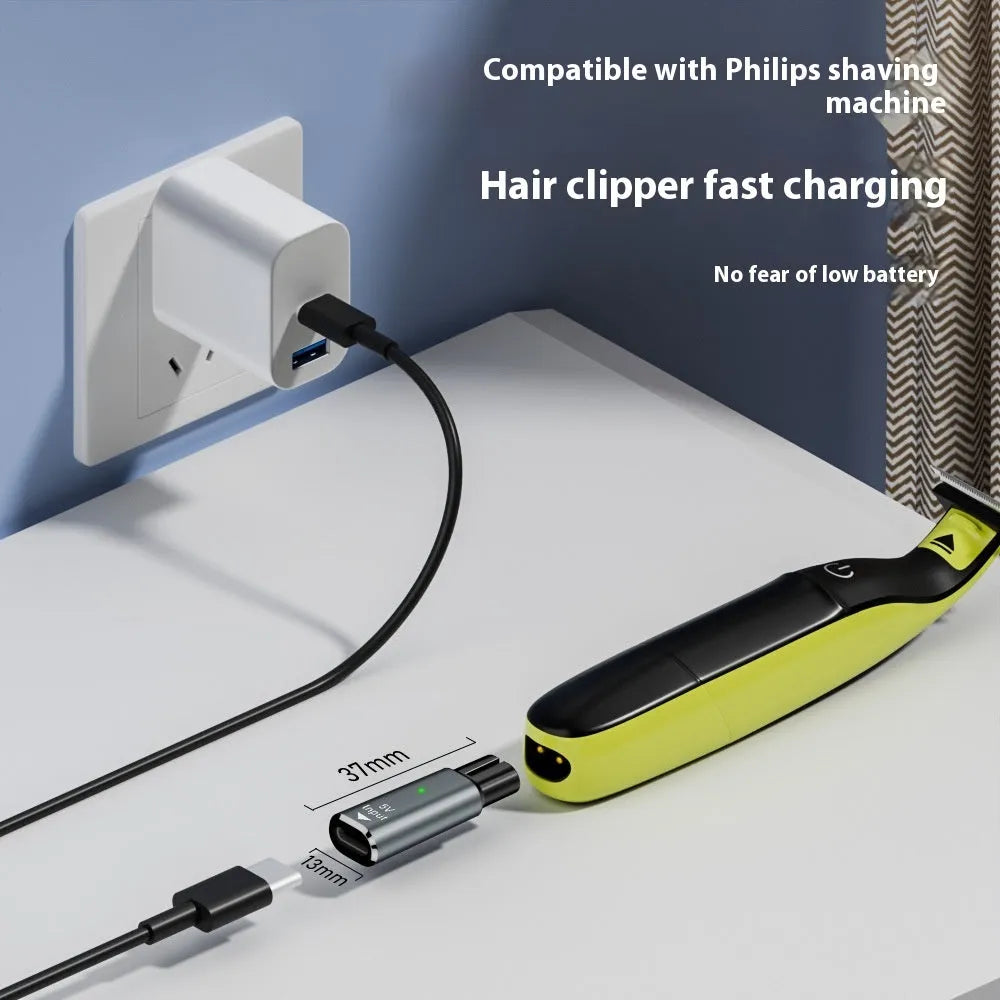 Black USB-C charging adapter for electric shavers with 8W power and 4.3V output