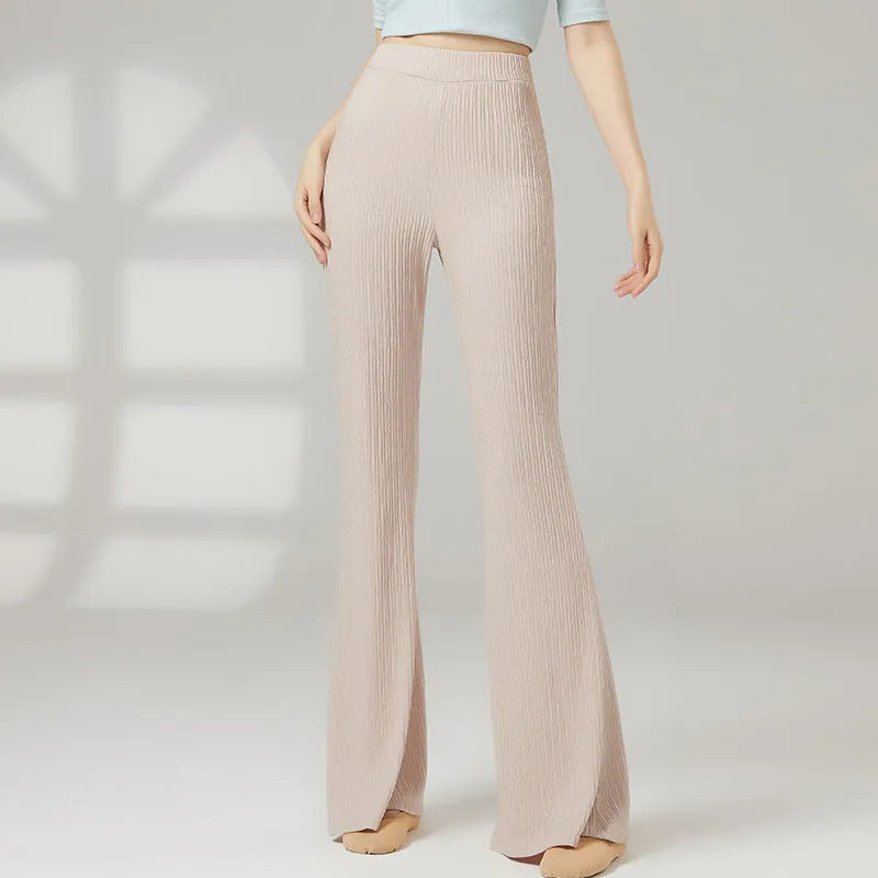 Women's solid colour polyester dance practice pants for classical training in beige, gray, khaki, purple, or black.