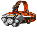 PVC 10W rechargeable LED head torch with adjustable strap on a colour box.