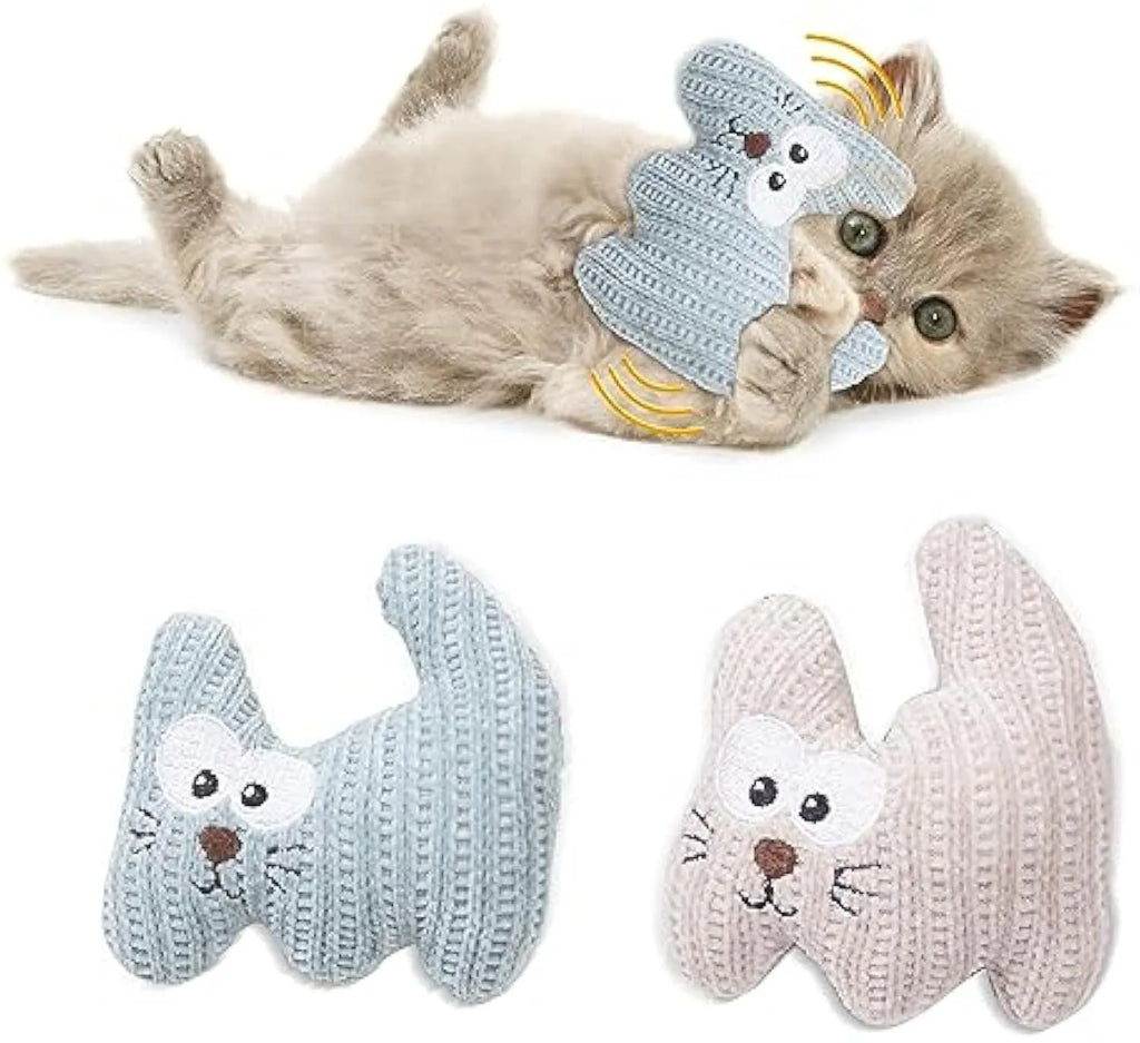 Cyan knitted plush cat toy with bell measuring 12cm by 11cm for cats to chew and play with