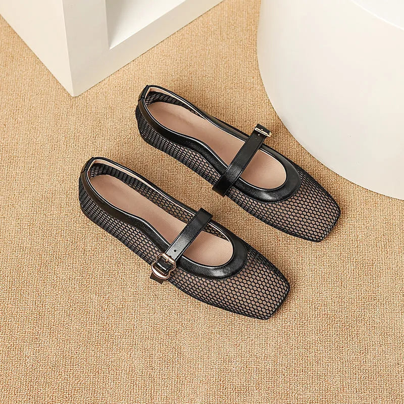 Women's breathable mesh low heel pumps with square toe and buckle fastening in various colours