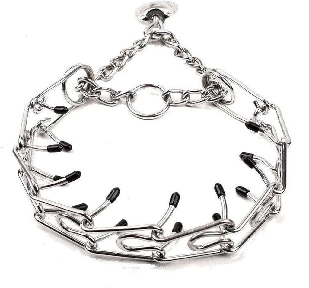 Stainless steel dog prong training collar with rubber tips, shown in an adjustable chain link design.