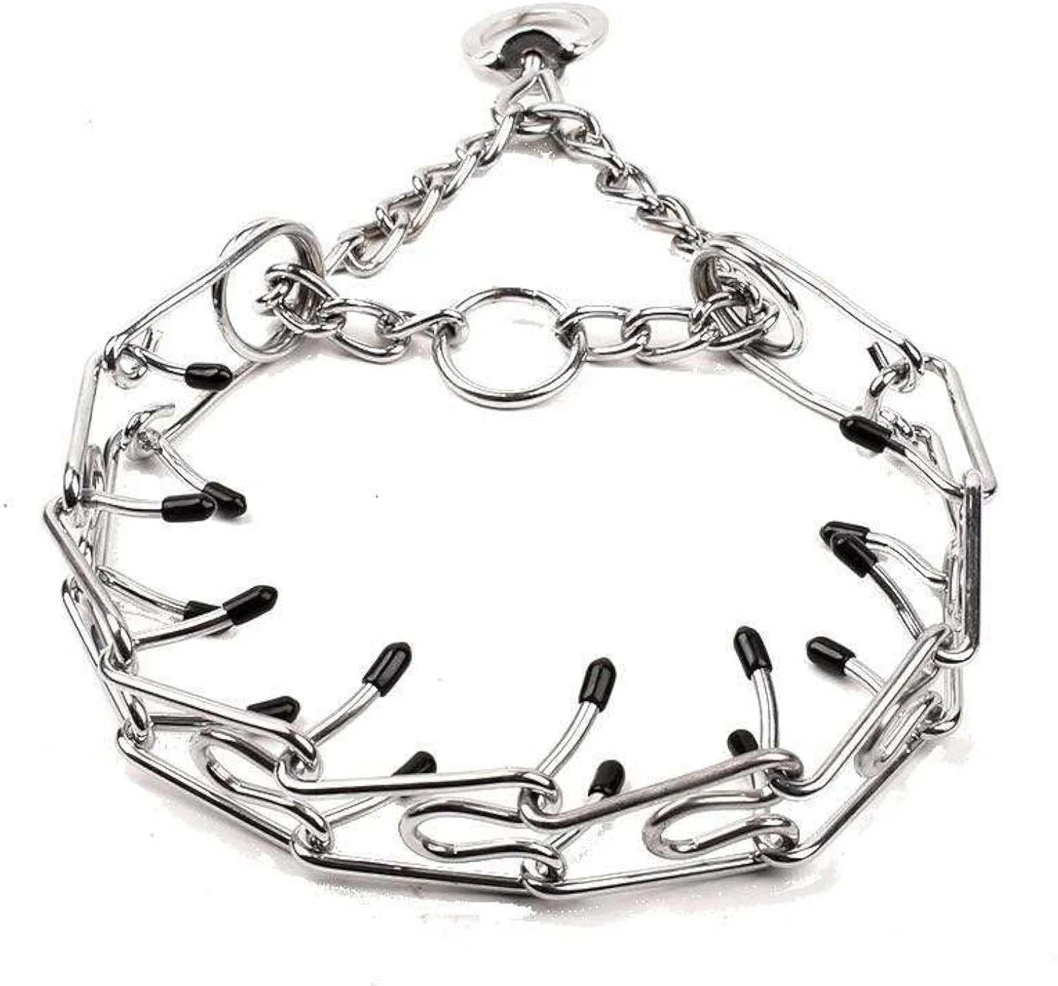 Stainless steel dog prong training collar with rubber tips, shown in an adjustable chain link design.