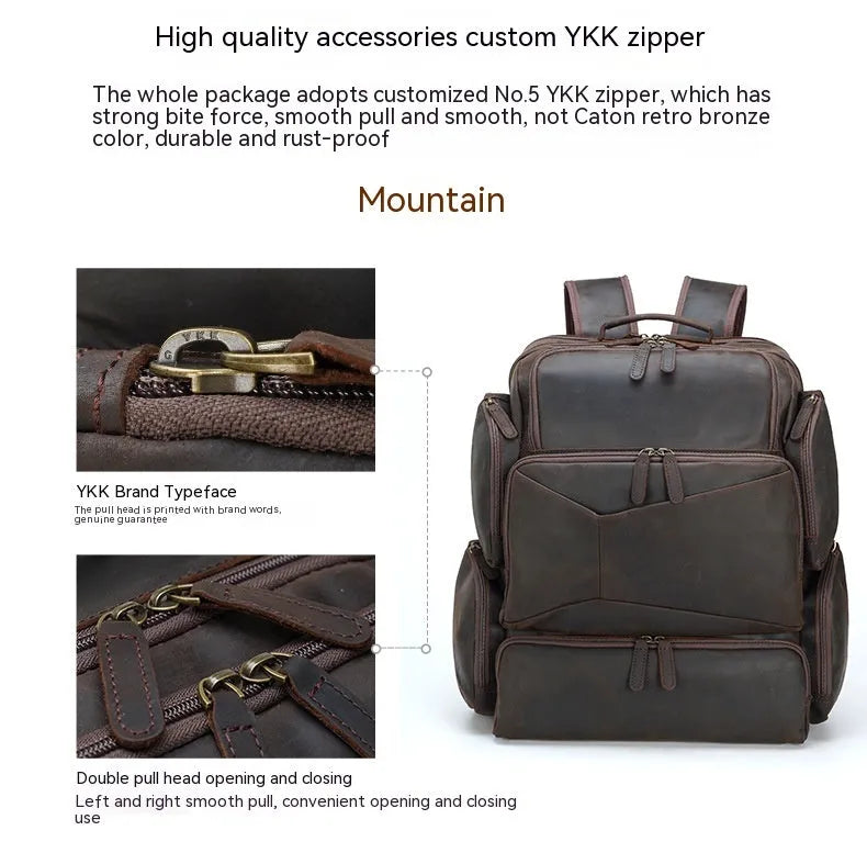 Dark brown leather backpack with 17-inch laptop compartment and multiple internal pockets