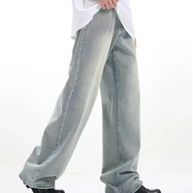 Blue retro-style loose-fit casual trousers with high elasticity, made from rabbit fur fabric.