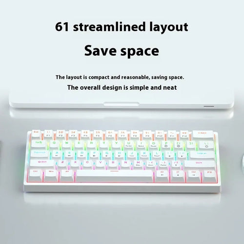 Bluish-black 61-key mechanical keyboard with hot-swappable switches on a desk