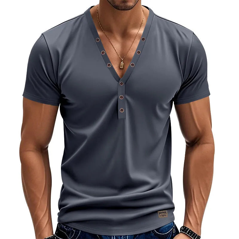 Men's loose thin V-neck pullover top with button design in chemical fibre blend fabric, shown in light blue colour
