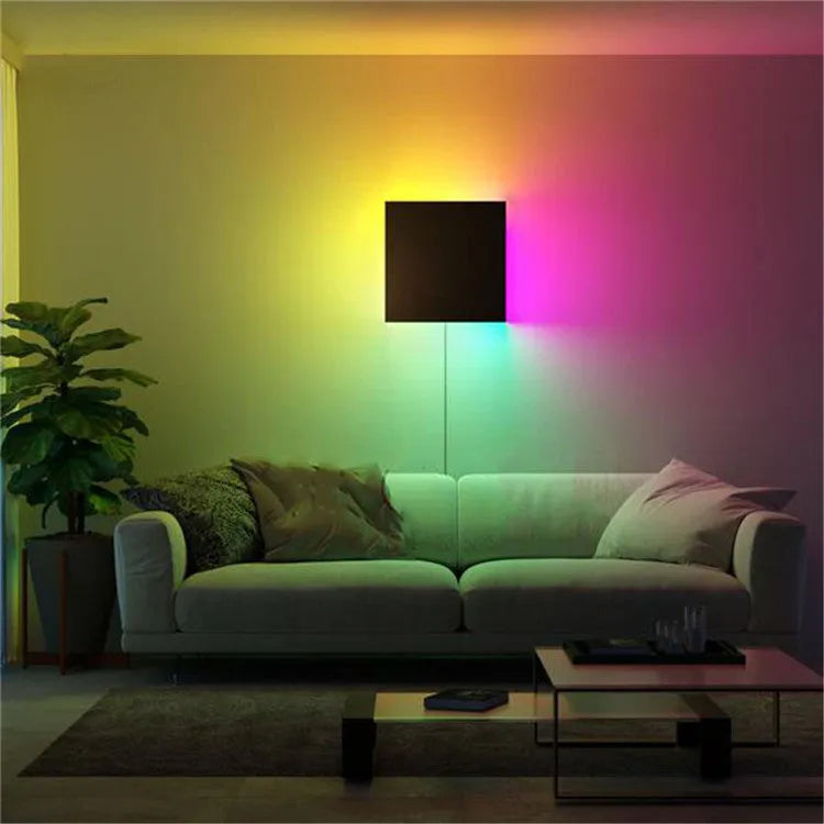 Black aluminium LED wall light 20cm square with RGB and warm light modes